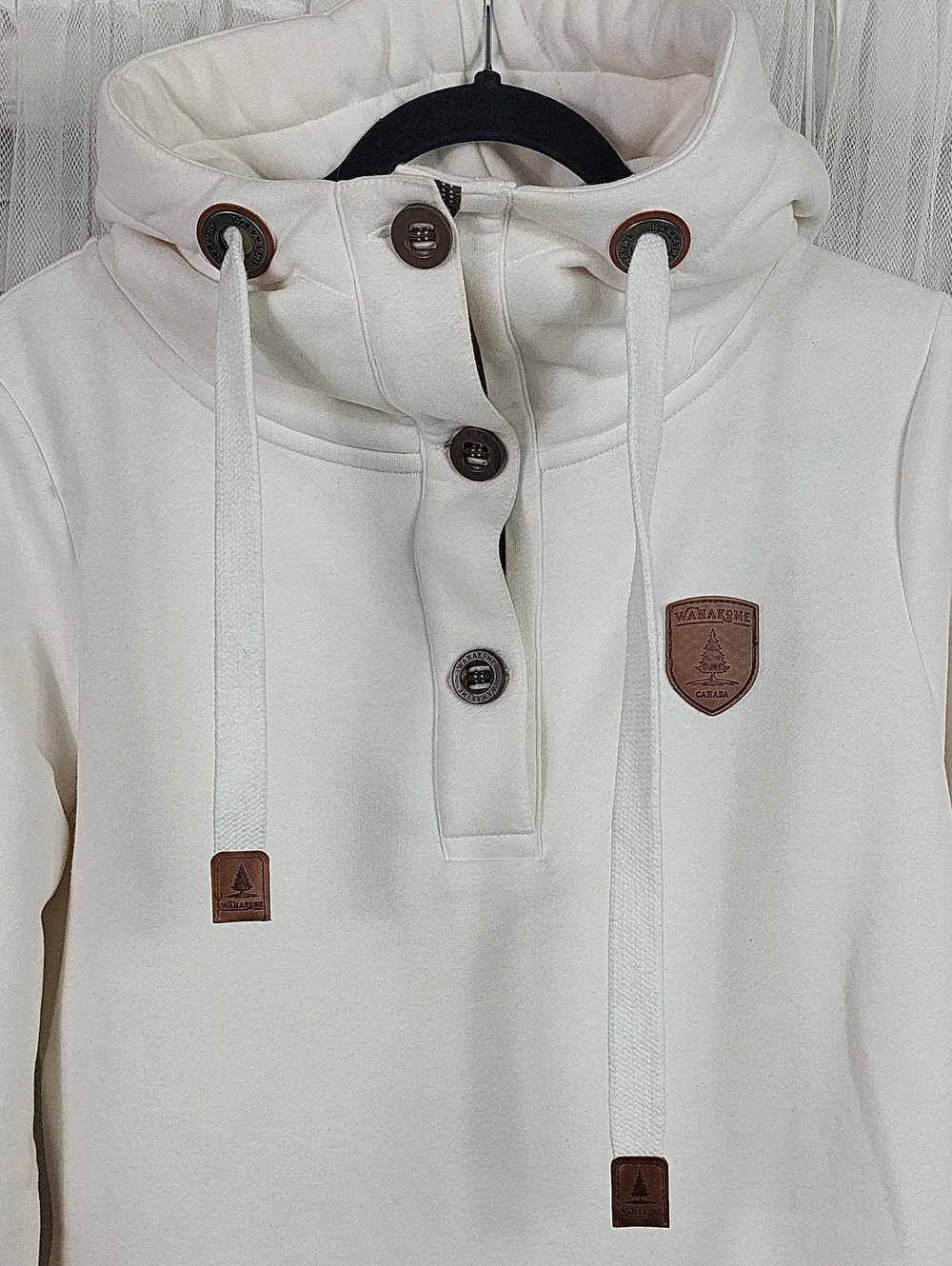 Wanakome Cream Funnel Neck Pullover with Button Placket. Size M